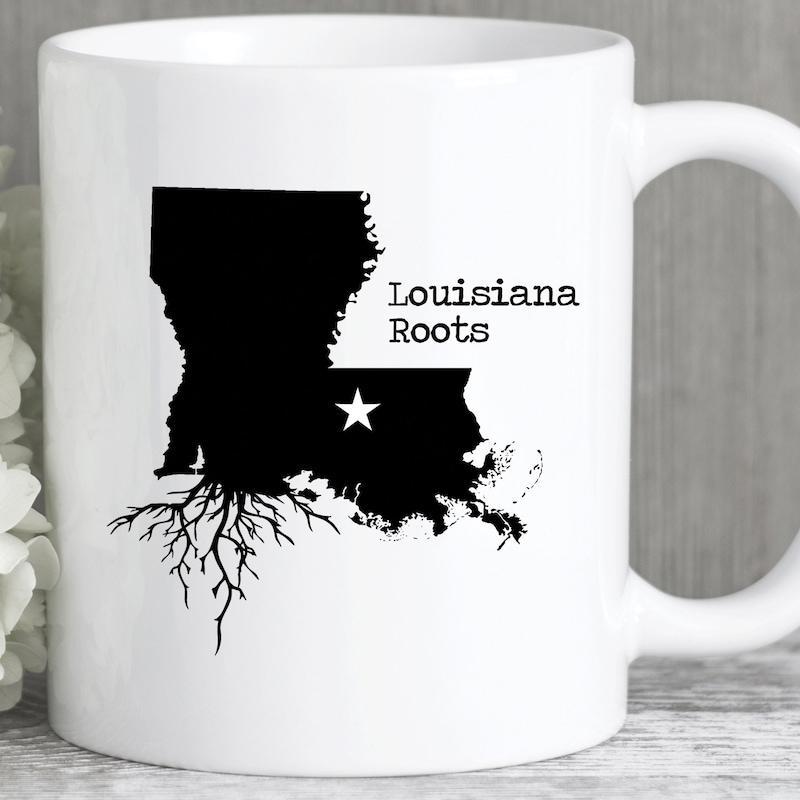 Tailorly White Ceramic 11 oz Mug - Louisiana Roots Silhouette Of State Featuring Intricate Growing Roots And Star Louisiana