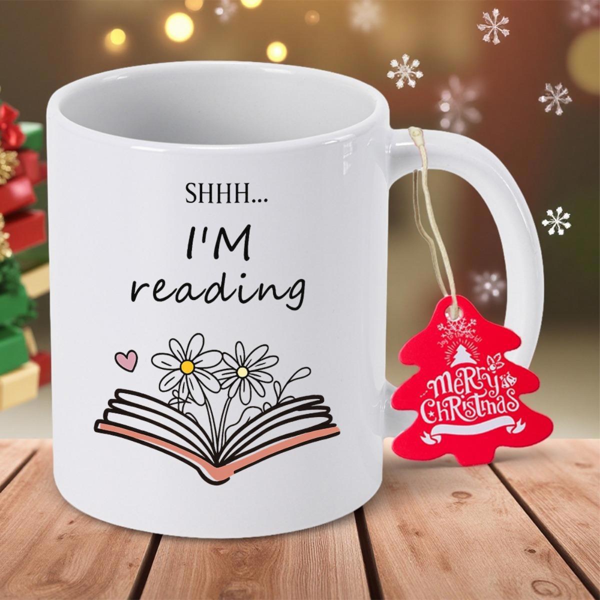 Tailorly White Ceramic 11 oz Mug - Shhh Im Reading Open Pages With Dainty Flowers Growing From Inside Sketch Style Book