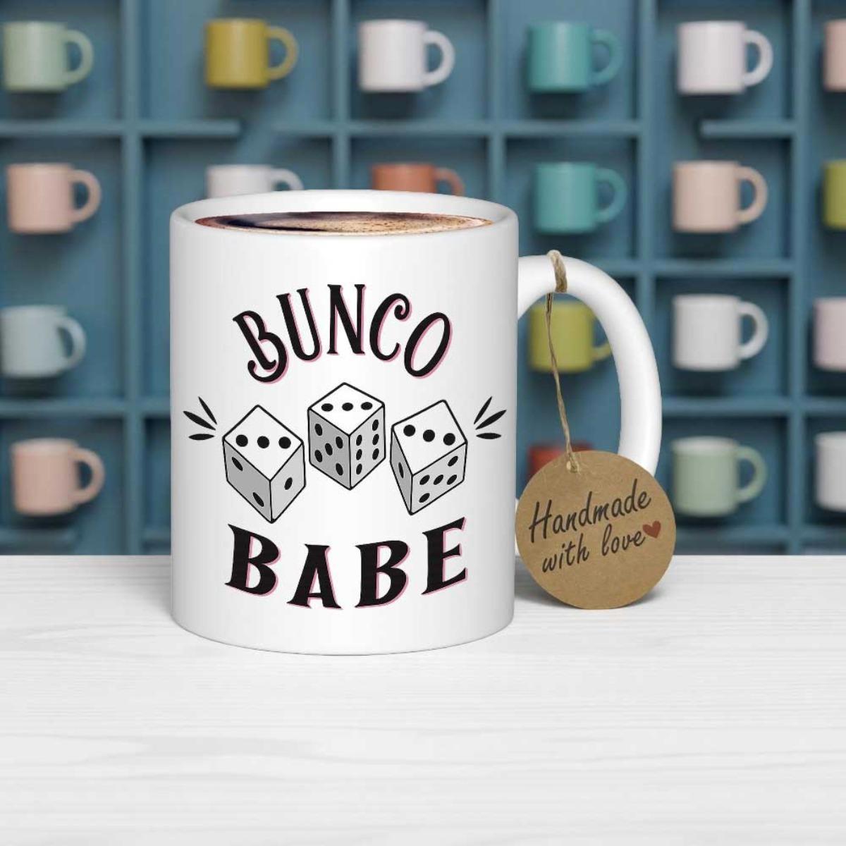 Tailorly White Ceramic 11 oz Mug - Bunco Babe Three Stylized White Gaming Dice Featuring Black Pips In Linear Alignment Dice