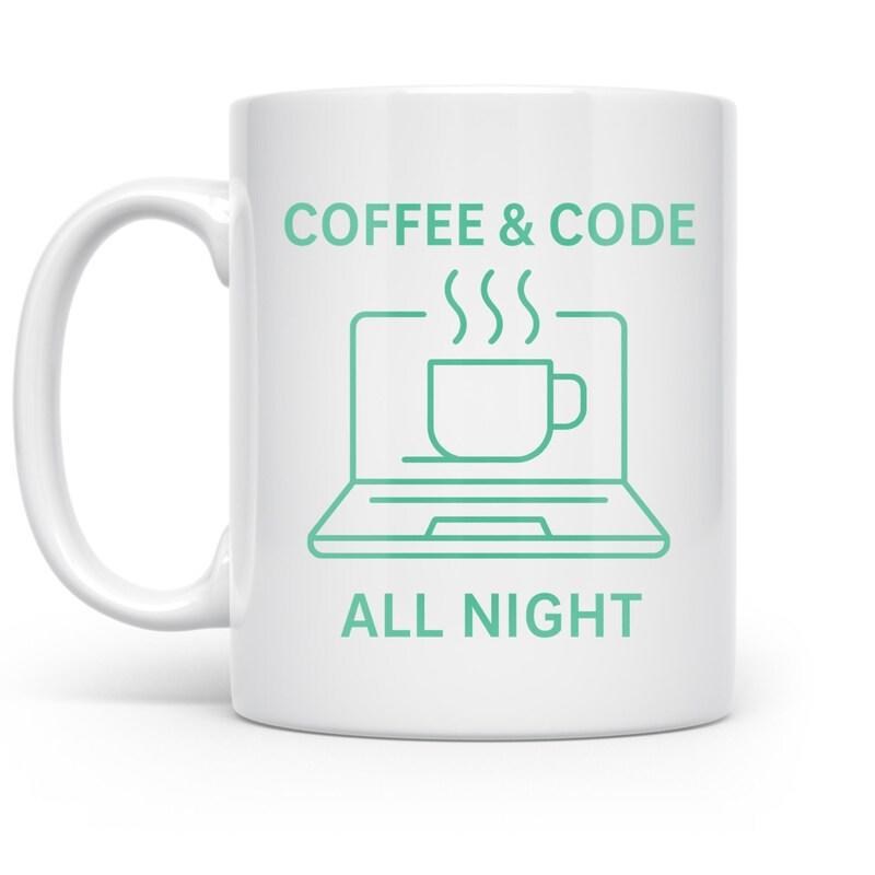 Tailorly White Ceramic 11 oz Mug - Coffee Code All Night Minimalist Line Art Laptop With Steaming Cup Of Hot Brewed Coffee Laptop