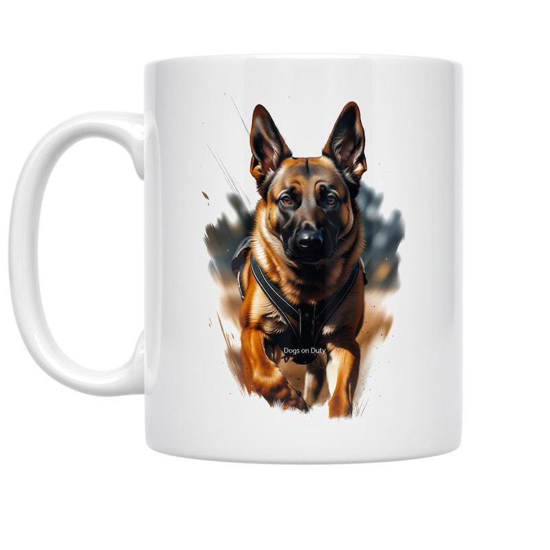 Tailorly White Ceramic 11 oz Mug - Majestic Guard Dog Wearing Tactical Harness Among Artistic Abstract Splashes German Shepherd