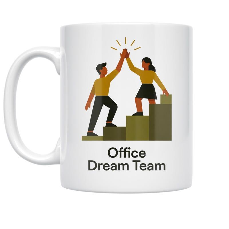Tailorly White Ceramic 11 oz Mug - Office Dream Team Successful Professionals Celebrating With High Five On Climbing Green Rising Pillars Team