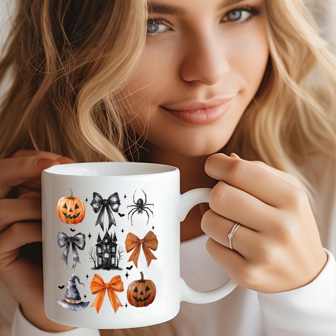 Tailorly White Ceramic 11 oz Mug - Halloween Spooky Icons Featuring Orange Pumpkins And Black Bows Pattern