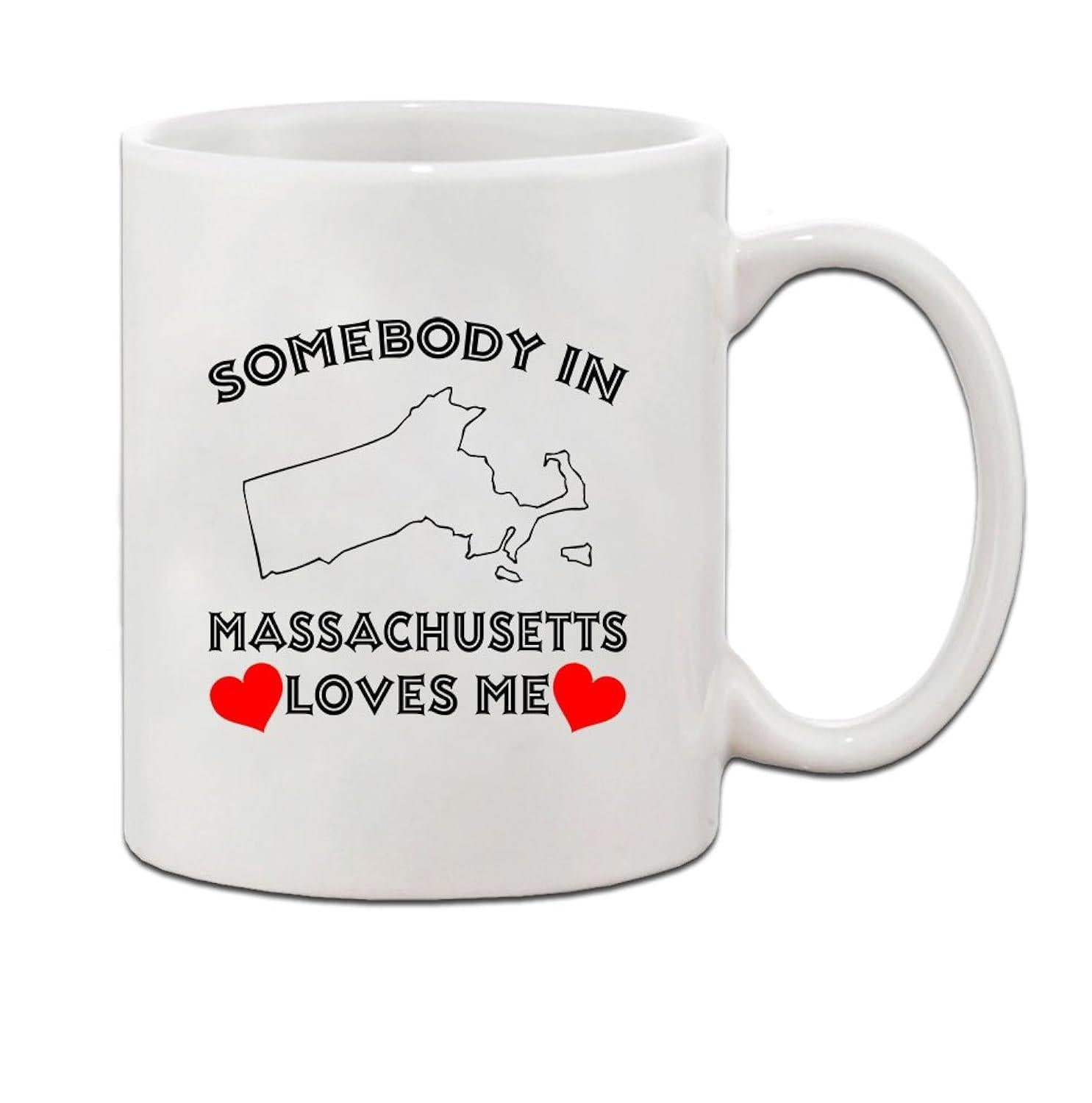 Tailorly White Ceramic 11 oz Mug - Somebody In Massachusetts Loves Me Minimalist Line Art State Outline With Vibrant Red Hearts Bold Text Map