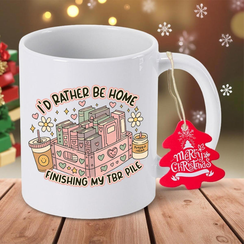 Tailorly White Ceramic 11 oz Mug - I'd Rather Be Home Finishing My TBR Pile Cozy Wooden Box Filled With Colorful Books Flowers And Hearts Crate