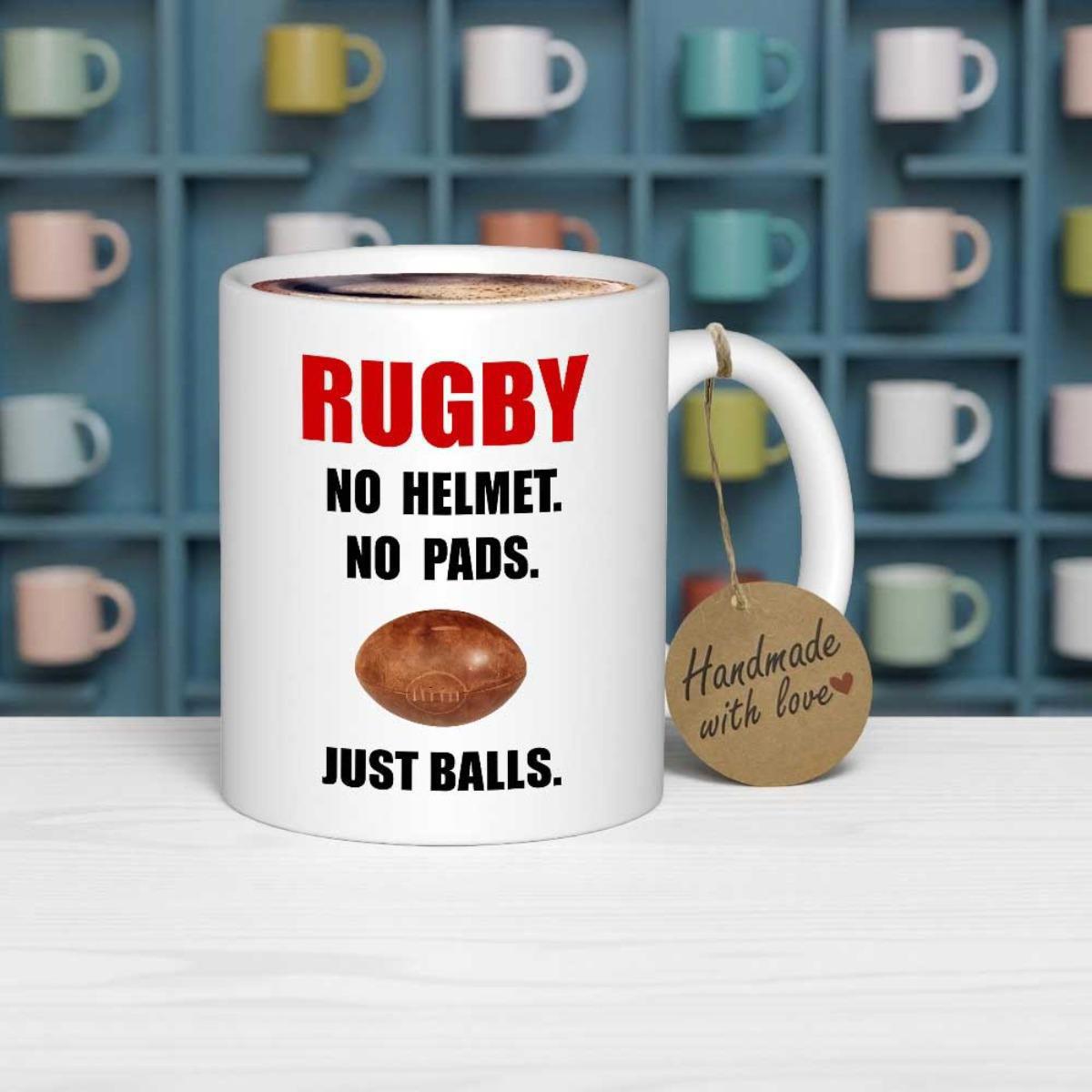 Tailorly White Ceramic 11 oz Mug - Rugby No Helmet No Pads Just Balls Textured Brown Oval Sports Ball Floating Between Bold Athletic Text Ball