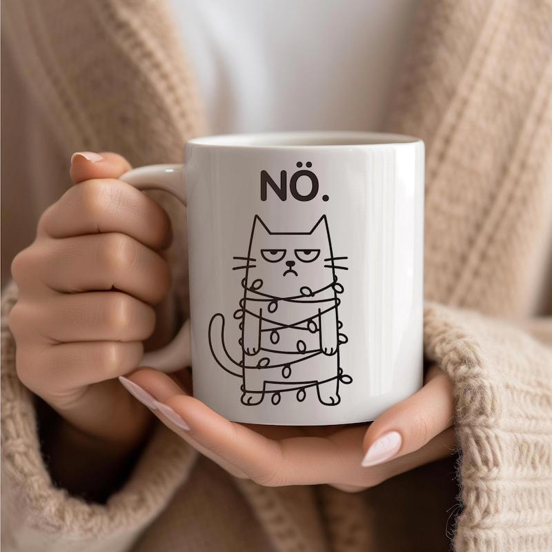 Tailorly White Ceramic 11 oz Mug - Grumpy Cartoon Minimalist Feline Wrapped In Tangled Festive Christmas String Lights Cat