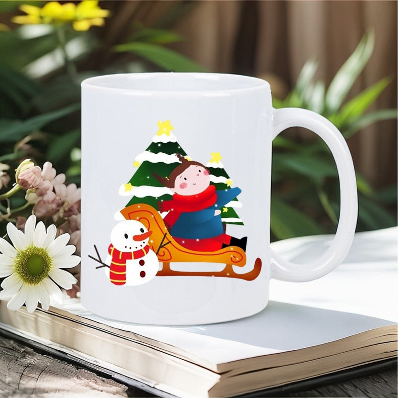 Tailorly White Ceramic 11 oz Mug - Charming Little Girl On Sleigh Beside A Friendly Small Snowman Girl