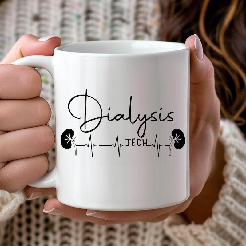 Tailorly White Ceramic 11 oz Mug - Dialysis Tech Minimalist Medical Graphic Featuring Two Anatomical Kidneys And Pulse Heartbeat