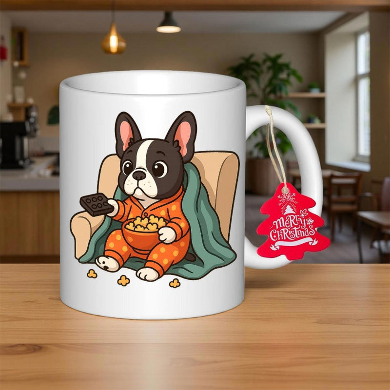 Tailorly White Ceramic 11 oz Mug - Adorable Cartoon French Bulldog Wearing Orange Pajamas Eating Popcorn While Relaxing Dog