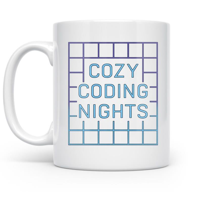 Tailorly White Ceramic 11 oz Mug - Cozy Coding Nights Blue And Purple Gradient Grid Pattern Framing Centered Digital Text Mug