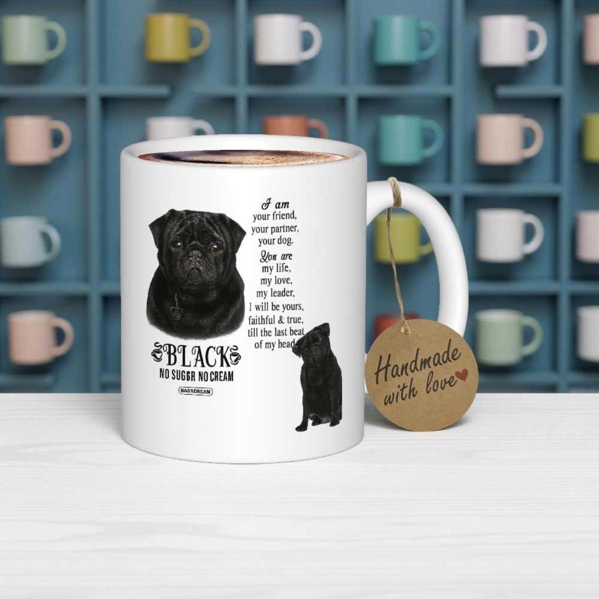 Tailorly White Ceramic 11 oz Mug - Black No Sugar No Cream Loyal Companion Sitting Gracefully With A Realistic Portrait Silhouette Pug