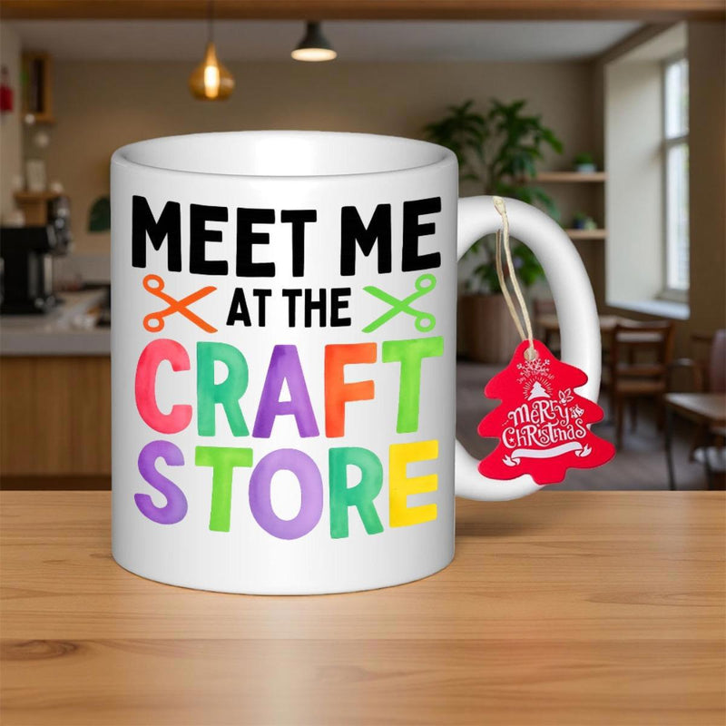 Tailorly White Ceramic 11 oz Mug - Meet Me At The Craft Store Merry Christmas Playful Rainbow Color Block Letters With Simple Scissors Graphic Mug