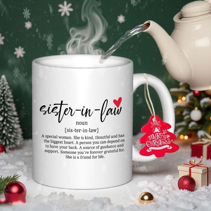 Tailorly White Ceramic 11 oz Mug - Sister In Law Minimalist Elegant Script Font With Red Heart And Dictionary Style Definition Mug