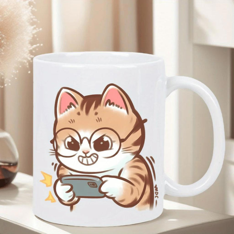 Tailorly White Ceramic 11 oz Mug - Adorable Cartoon Tabby Kitten Wearing Glasses Playing On A Small Handheld Cat