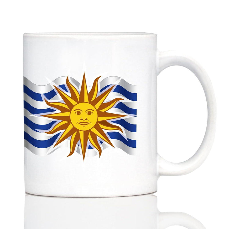 Tailorly White Ceramic 11 oz Mug - Radiant Golden Sun With Face Over Wavy Blue And White Stripes Sun
