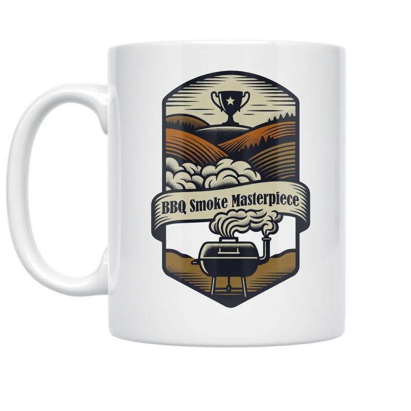 Tailorly White Ceramic 11 oz Mug - BBQ Smoke Masterpiece Vintage Badge Style Featuring Rolling Hills Under A Trophy And Smoke Plumes Grill