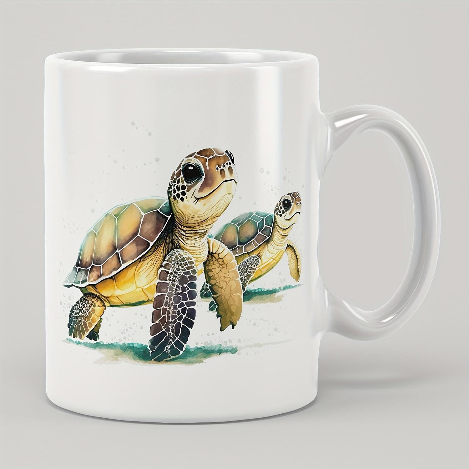Tailorly White Ceramic 11 oz Mug - Adorable Baby Sea Turtles Crawling On Sand In Watercolor Style Sea Turtle