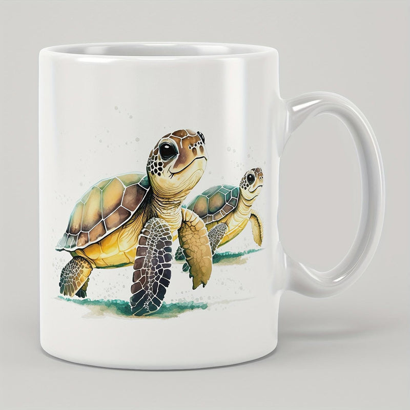 Tailorly White Ceramic 11 oz Mug - Adorable Baby Sea Turtles Crawling On Sand In Watercolor Style Sea Turtle