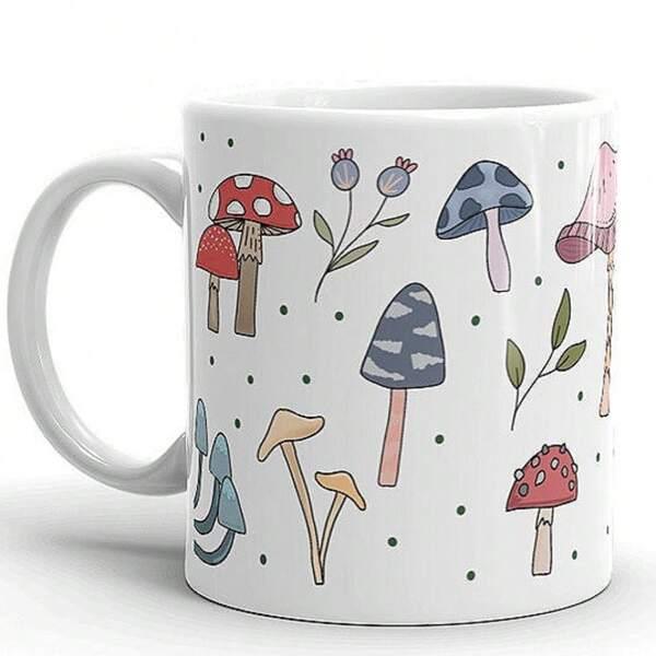 Tailorly White Ceramic 11 oz Mug - Hand Drawn Colorful Forest Fungi With Delicate Leaves And Polka Dots Mushroom