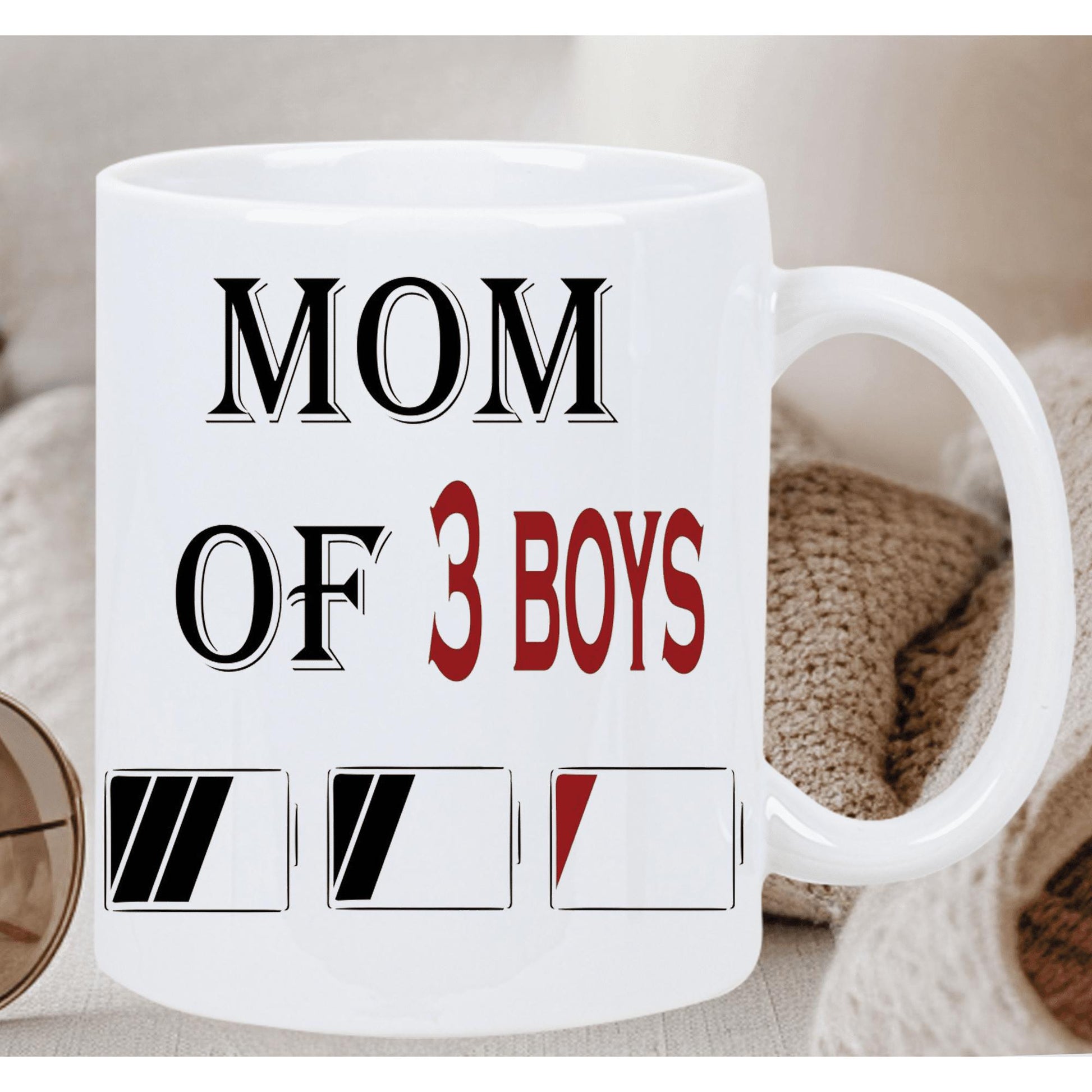 Tailorly White Ceramic 11 oz Mug - Mom Of 3 Boys Three Battery Level Indicators Showing Decreasing Energy Ceramic Mug