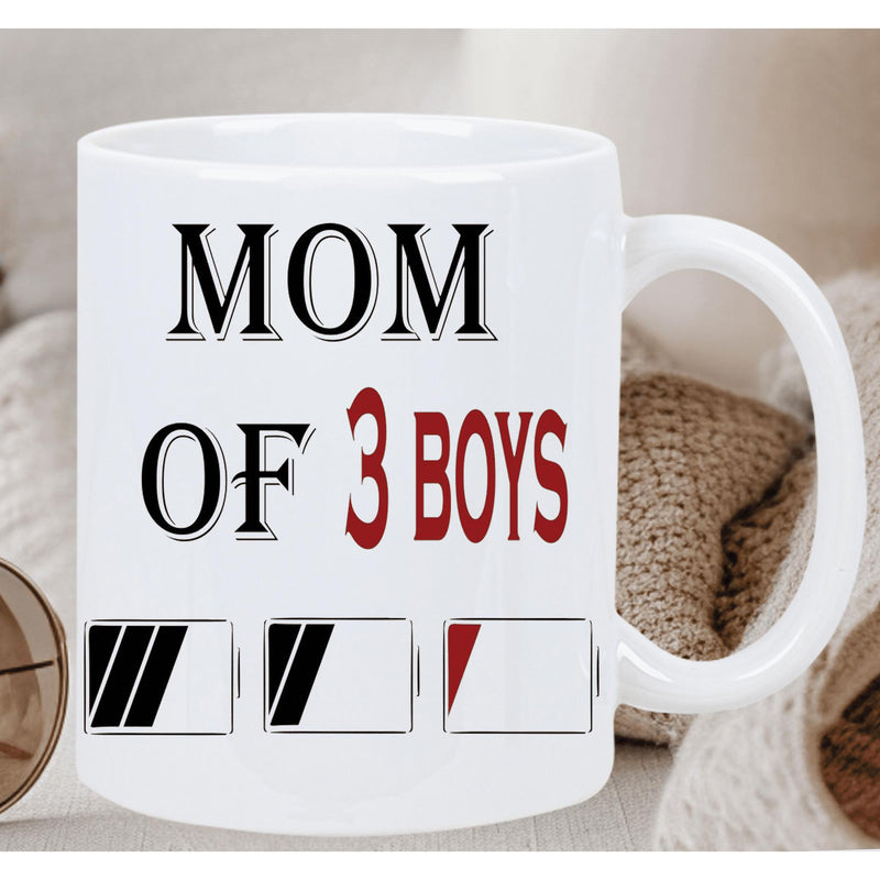 Tailorly White Ceramic 11 oz Mug - Mom Of 3 Boys Three Battery Level Indicators Showing Decreasing Energy Ceramic Mug