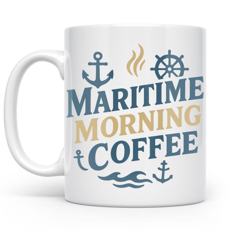 Tailorly White Ceramic 11 oz Mug - Maritime Morning Coffee Nautical Symbols With Anchor And Steering Wheel Over Ocean Waves Mug
