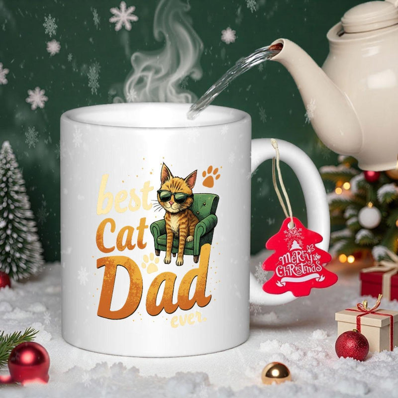 Tailorly White Ceramic 11 oz Mug - Best Cat Dad Ever Cool Ginger Tabby Wearing Sunglasses Relaxing On Green Armchair Cat