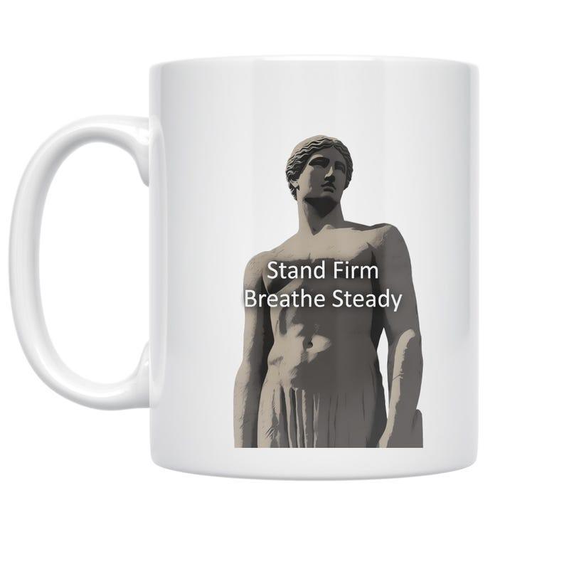 Tailorly White Ceramic 11 oz Mug - Stand Firm Breathe Steady Classical Greco Roman Stoic Male Figure Among Ancient Timeless Shadows Statue