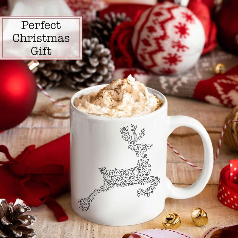 Tailorly White Ceramic 11 oz Mug - Perfect Christmas Gift Intricate Floral Pattern Jumping Reindeer With Antlers For Holiday Decor Reindeer