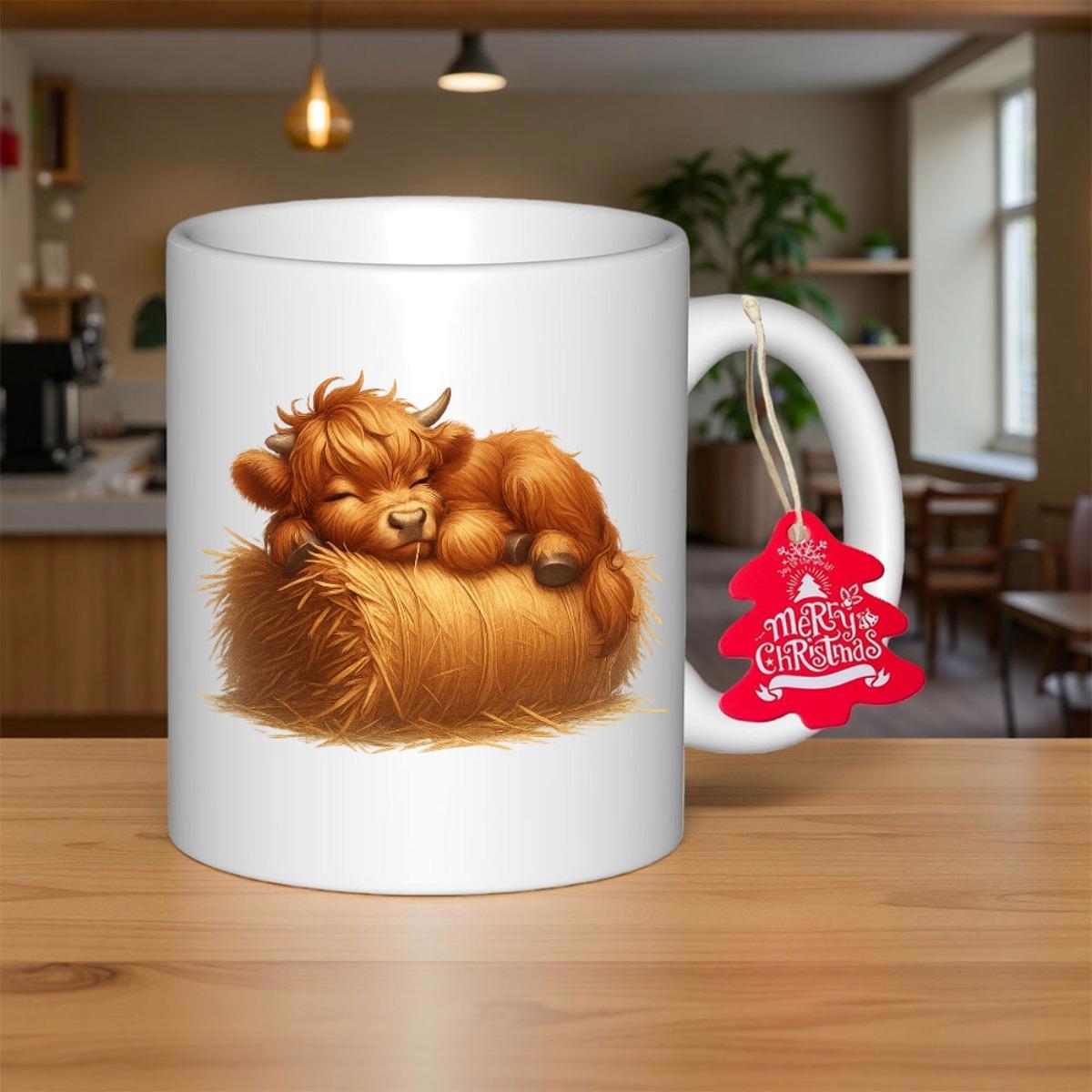 Tailorly White Ceramic 11 oz Mug - Merry Christmas Adorable Fluffy Highland Calf Resting Peacefully Upon A Golden Hay Bale Cow
