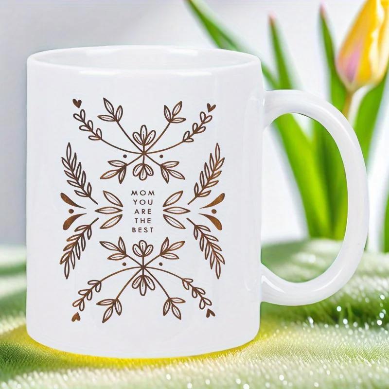 Tailorly White Ceramic 11 oz Mug - Mom You Are The Best Elegant Symmetrical Earthy Brown Floral Decoration And Line Art Pattern