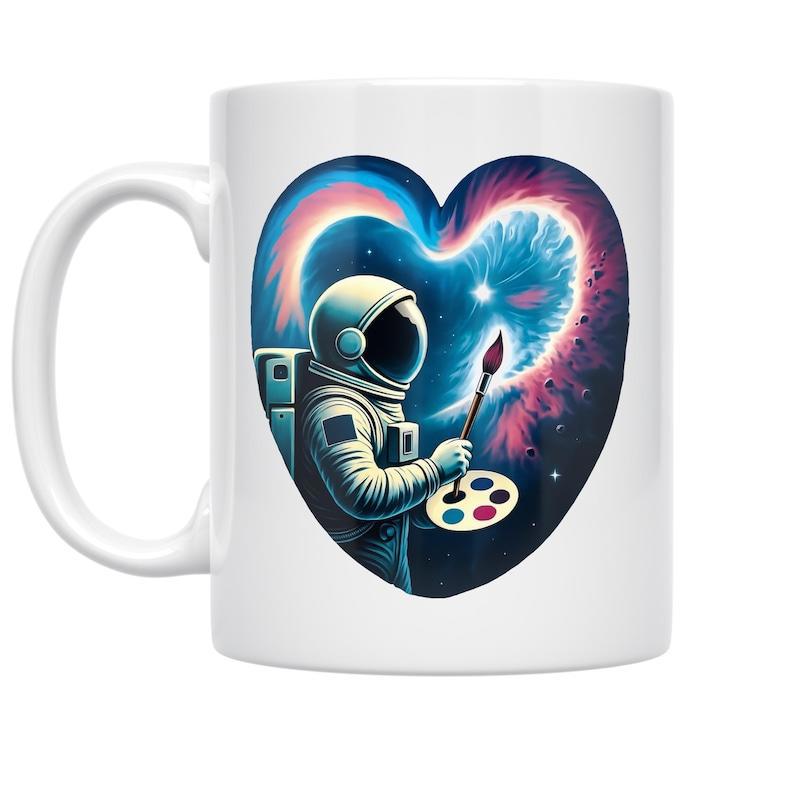 Tailorly White Ceramic 11 oz Mug - Creative Outer Space Scene Painting Cosmic Nebula Heart Shaped Universe Astronaut