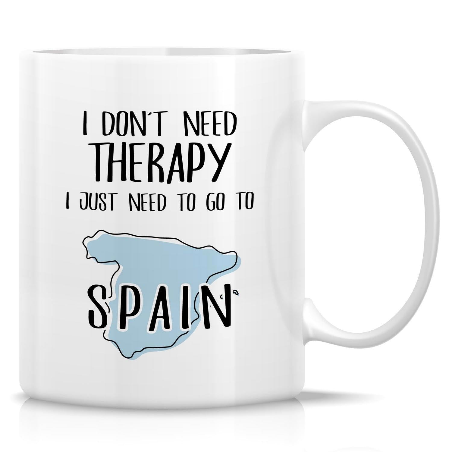 Tailorly White Ceramic 11 oz Mug - I Don't Need Therapy I Just Need To Go To Spain Simple Light Blue Geographic Silhouette Map On White Background Spain