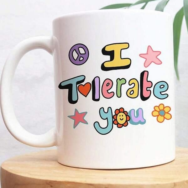 Tailorly White Ceramic 11 oz Mug - I Tolerate You Colorful Retro Groovy Letters With Peace Signs And Cheerful Flowers Art