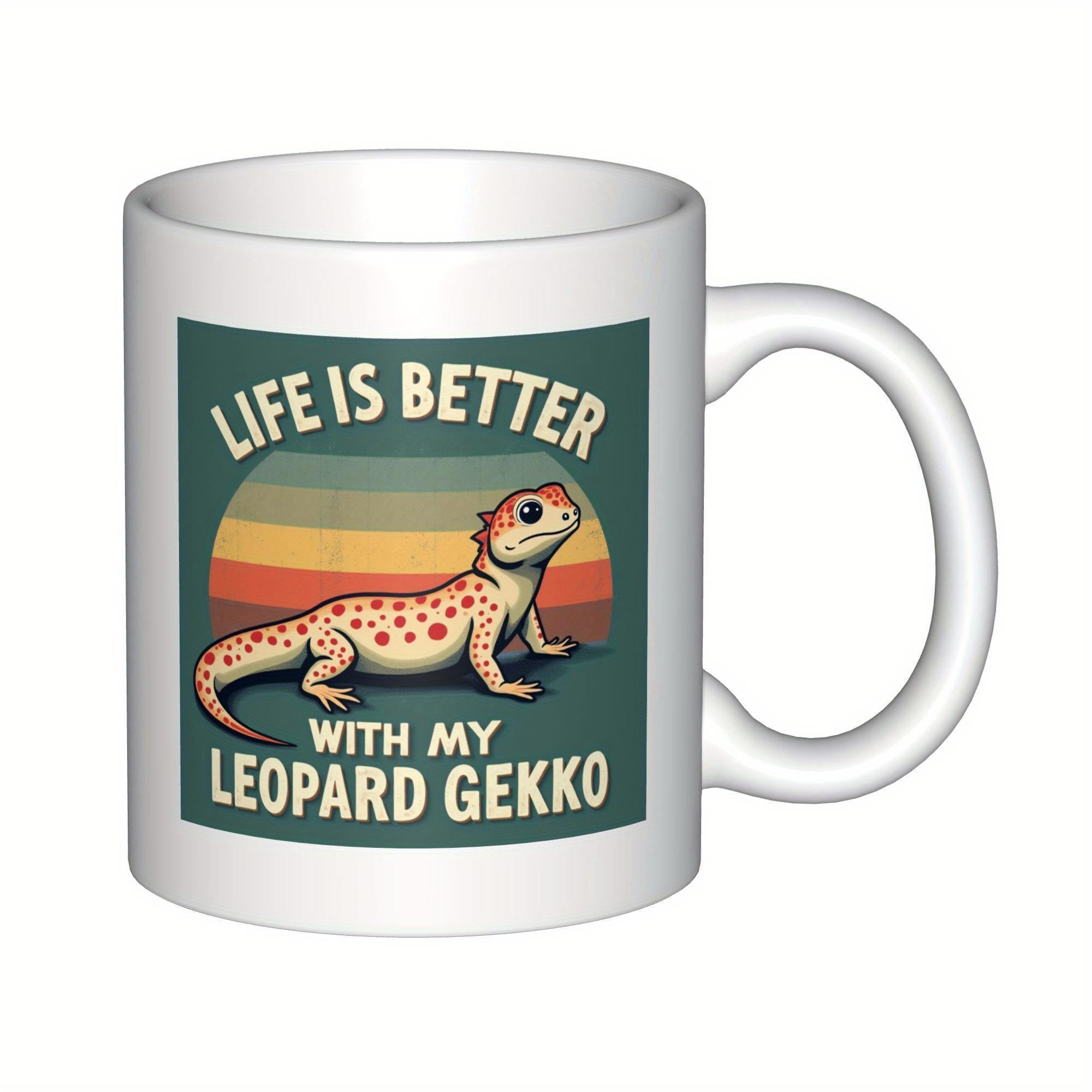 Tailorly White Ceramic 11 oz Mug - Life Is Better With My Leopard Gekko Illustrative Cute Spotted Reptile Resting Under A Vibrant Retro Style Sunset Backdrop Gecko