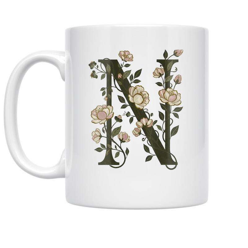 Tailorly White Ceramic 11 oz Mug - N Vintage Floral Arrangement Intertwined With Elegant Serif Capital Monogram Letter