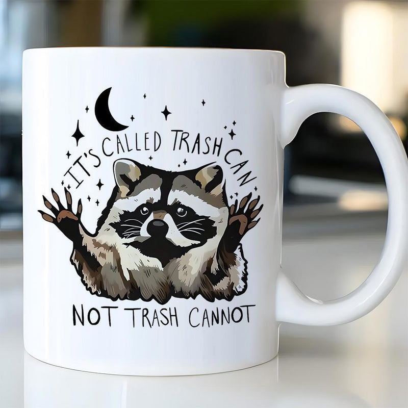Tailorly White Ceramic 11 oz Mug - Its Called Trash Can Not Trash Cannot Playful Raccoon Reaching Up Toward Night Moon And Stars Raccoon