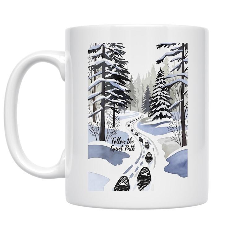 Tailorly White Ceramic 11 oz Mug - Follow The Forest Path Snowy Winter Scene With Winding Path And Footprints Leading Through Forest