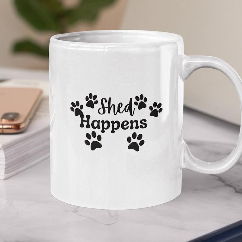 Tailorly White Ceramic 11 oz Mug - Shed Happens Minimalist Black Animal Footprints Surrounding Playful Hand Drawn Typography Paw
