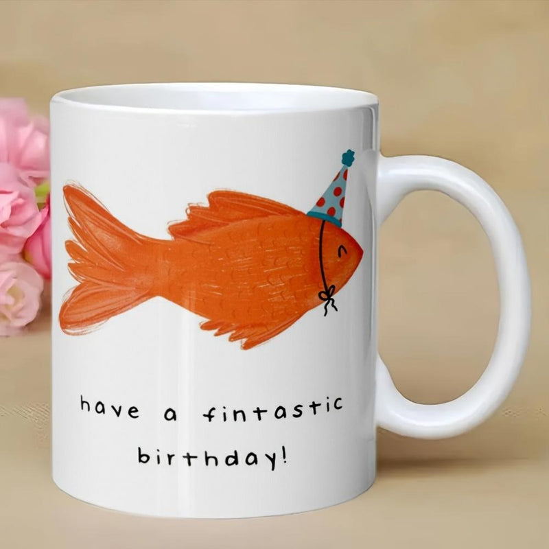 Tailorly White Ceramic 11 oz Mug - Have A Fintastic Birthday Cute Orange Illustration Wearing A Festive Colorful Party Hat Goldfish