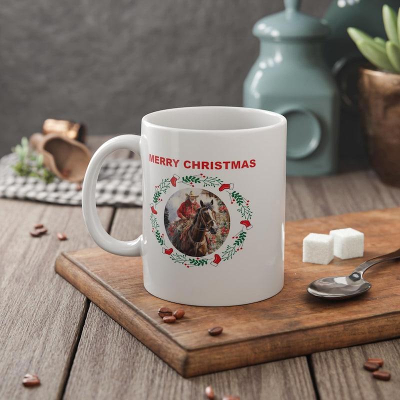 Tailorly White Ceramic 11 oz Mug - Merry Christmas Festive Wreath Enclosing A Detailed Realistic Portrait Of A Majestic Horse