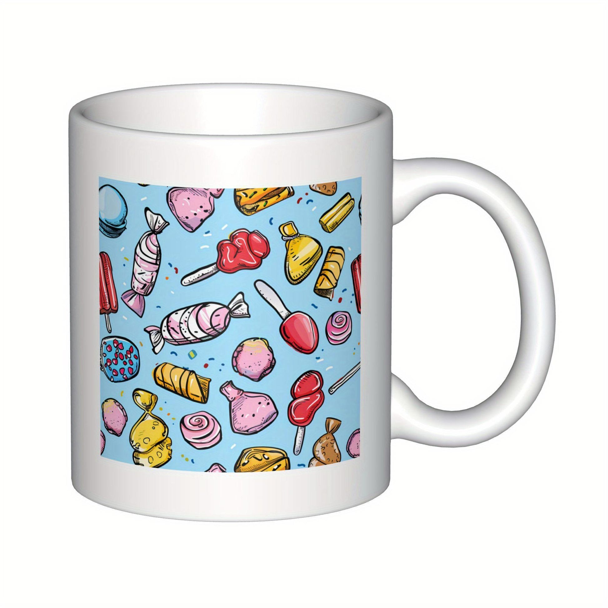 Tailorly White Ceramic 11 oz Mug - Vibrant Assorted Sweet Treats Scattered Across A Bright Pastel Blue Background Candy