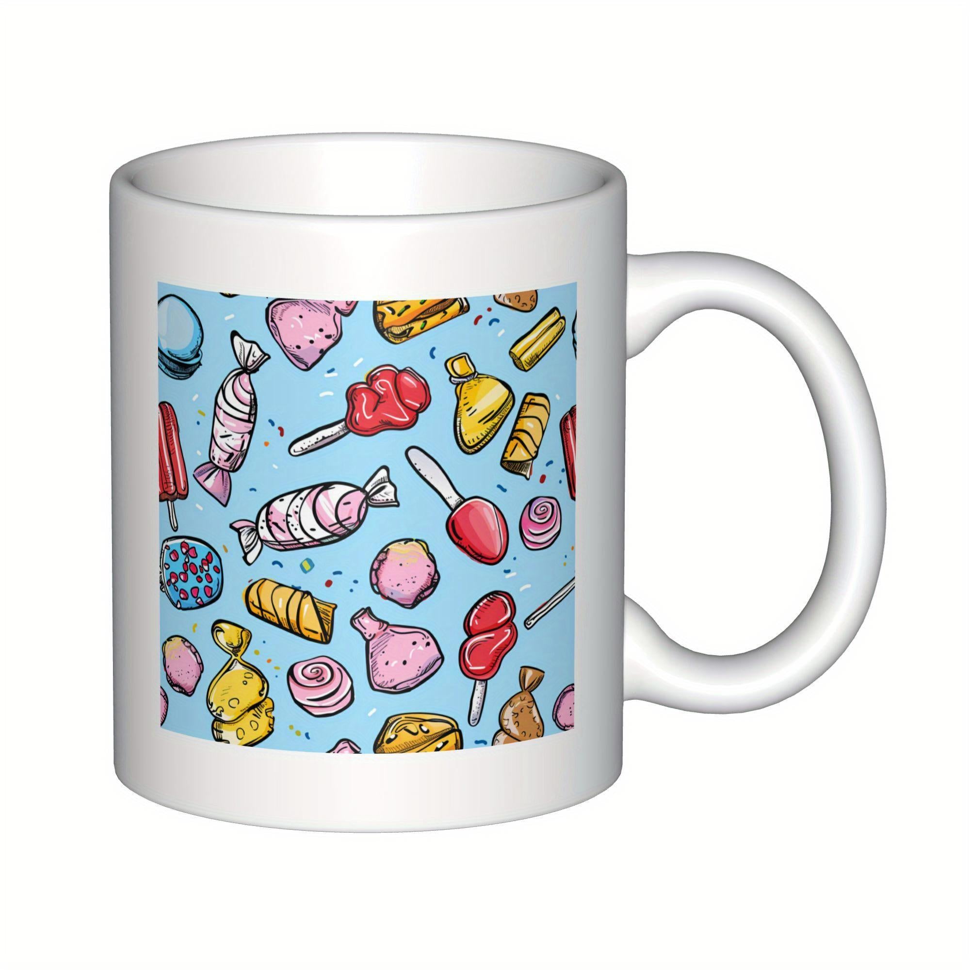Tailorly White Ceramic 11 oz Mug - Vibrant Assorted Sweet Treats Scattered Across A Bright Pastel Blue Background Candy