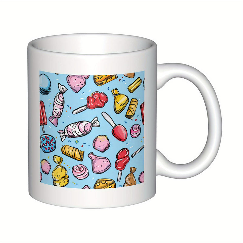 Tailorly White Ceramic 11 oz Mug - Vibrant Assorted Sweet Treats Scattered Across A Bright Pastel Blue Background Candy