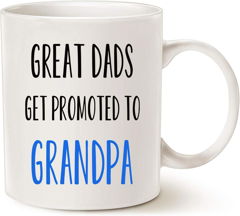 Tailorly White Ceramic 11 oz Mug - Great Dads Get Promoted To Grandpa Minimalist White Ceramic Vessel Featuring Inspirational Hand Lettered Family Message Mug