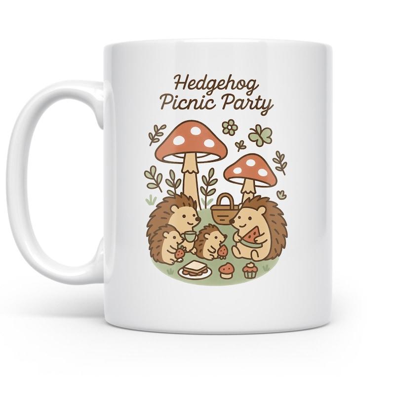 Tailorly White Ceramic 11 oz Mug - Hedgehog Picnic Party Adorable Small Family Of Cute Brown Hedgehogs Having Fun Under Large Mushrooms Hedgehog
