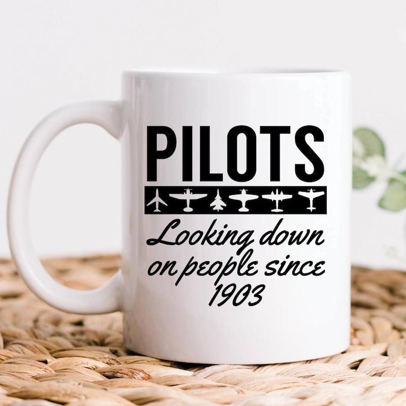 Tailorly White Ceramic 11 oz Mug - Pilots Looking Down On People Since 1903 Simple Black Aviation Silhouettes Flying In A Straight Row Airplane