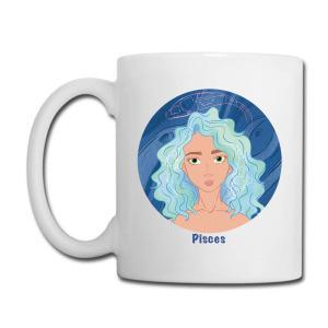 Tailorly White Ceramic 11 oz Mug - Pisces Character With Flowing Wavy Blue Hair Within A Circular Sea Background Girl