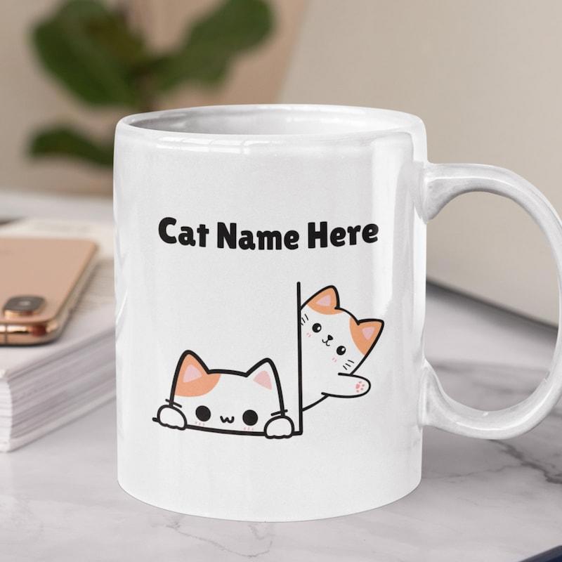 Tailorly White Ceramic 11 oz Mug - Cat Name Here Two Adorable Minimalist Kittens Peeking Behind A Vertical Line Cat